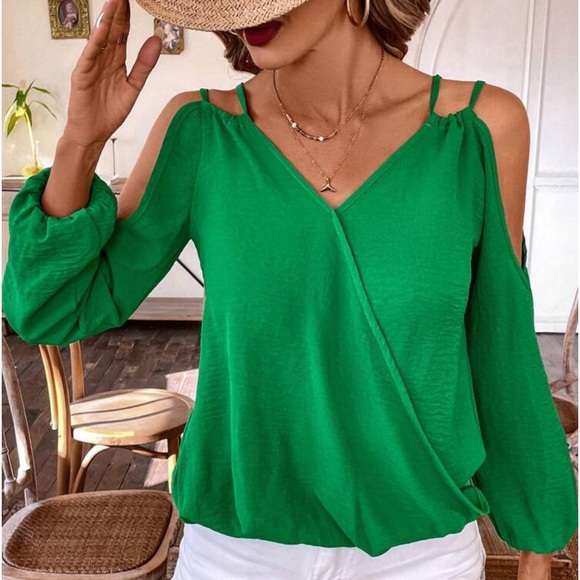 Classic Elegant Cut Out Cold Shoulder Long Sleeve Top Blouse Shirt Green - Picture 2 of 5